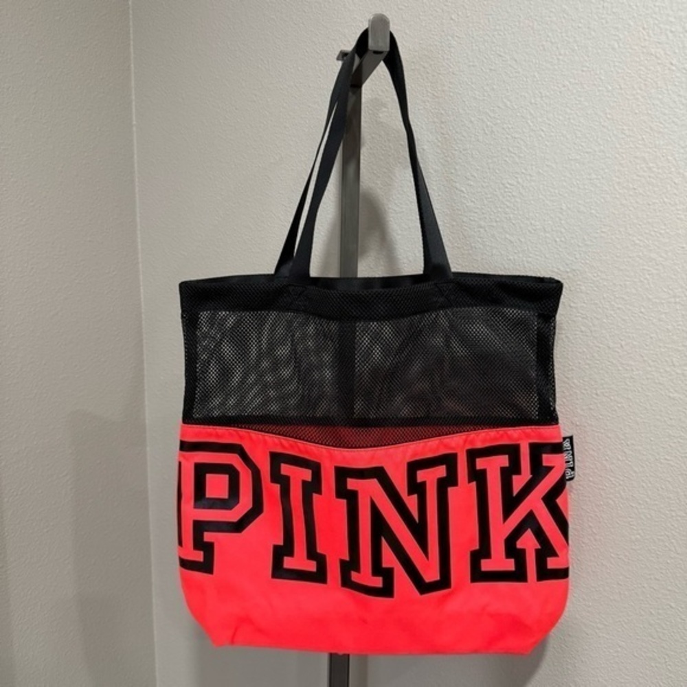 NWOT PINK Victoria’s Secret bright neon coral pink/ black black tote bag